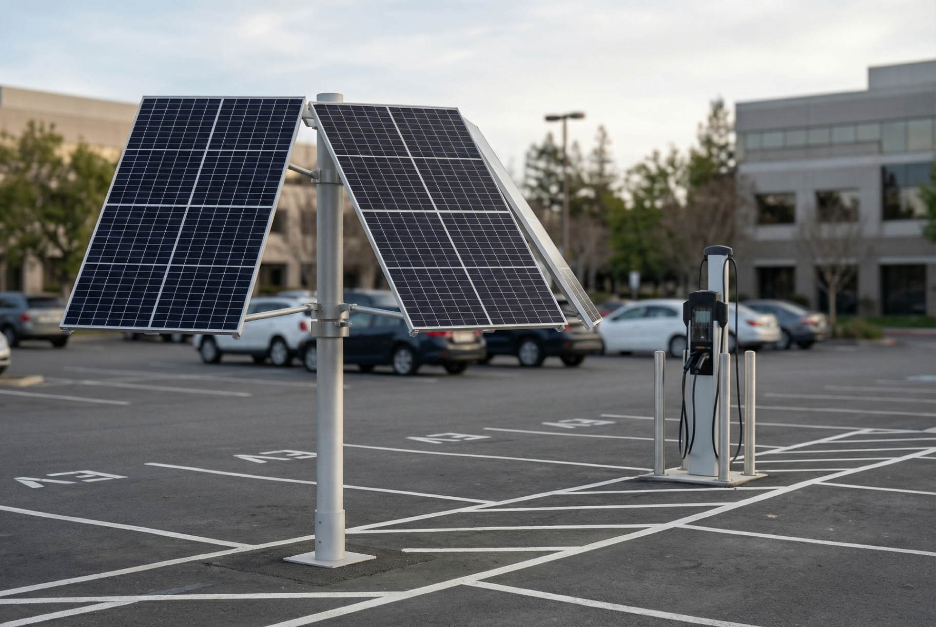 Totem solaire sur un parking d'entreprise avec bornes de recharge