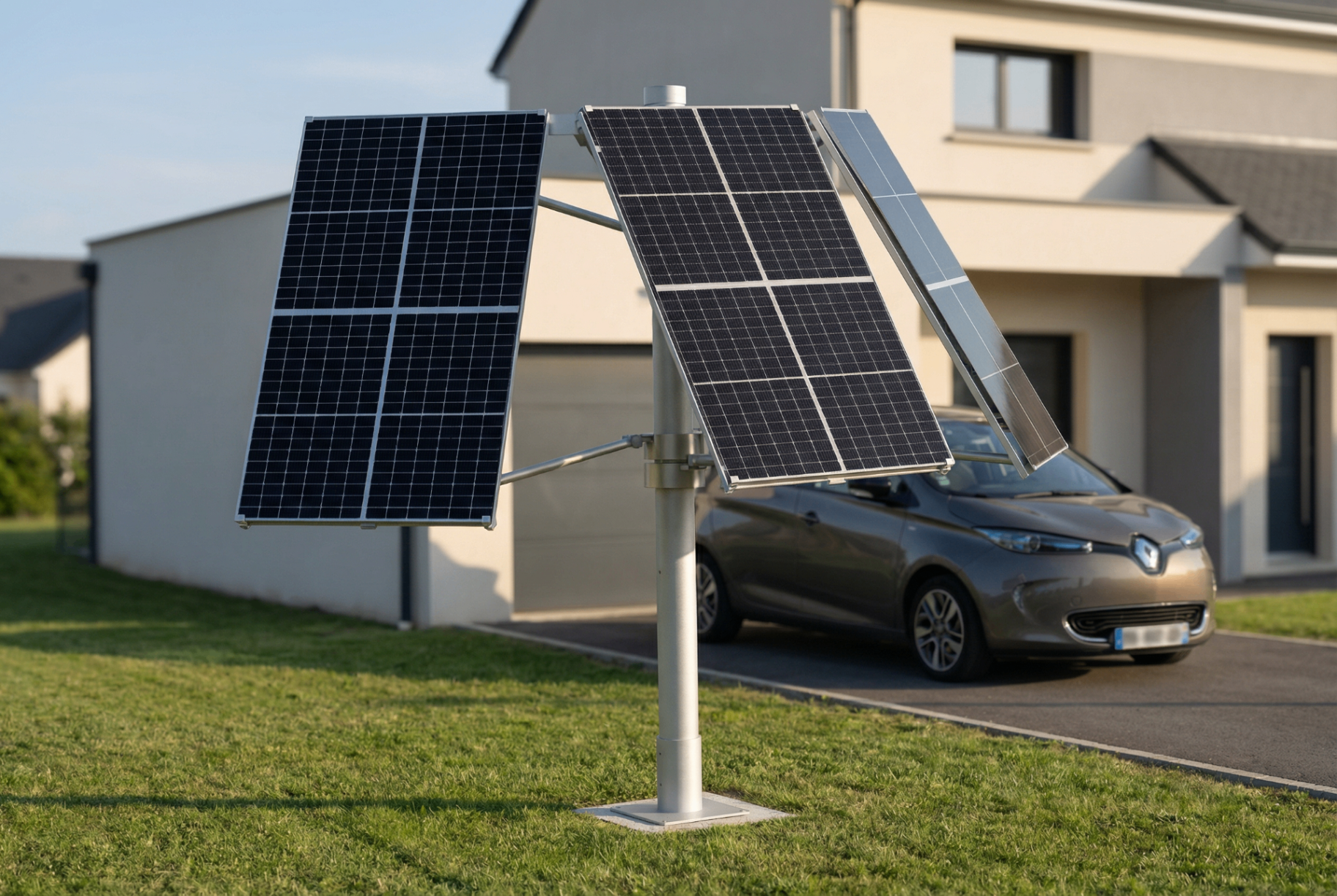 Totem solaire installé dans le jardin d'une maison avec voiture électrique en charge
